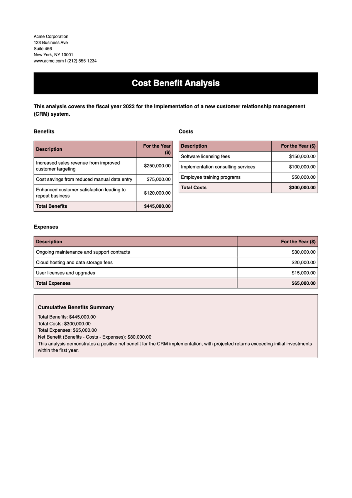 Costs Benefits Analysis Template with Financial Breakdown Table_variant_3
